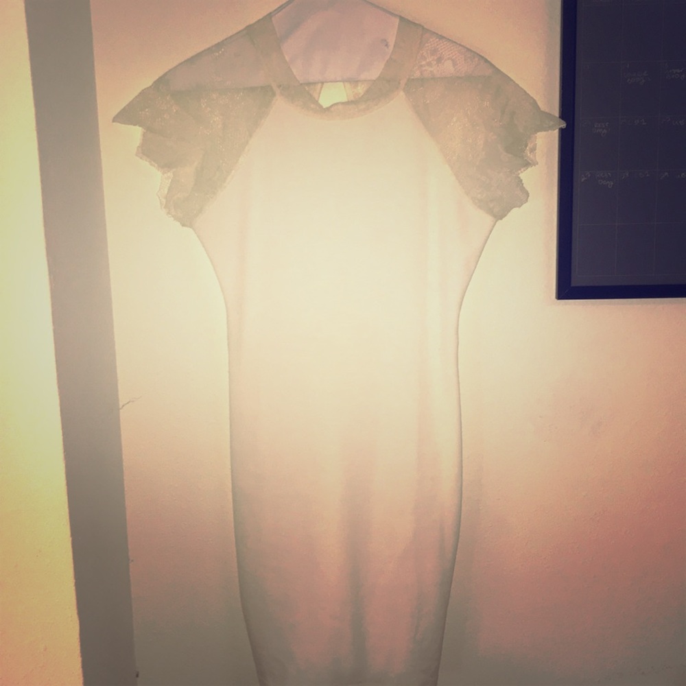 Caped sleeved white lace dress